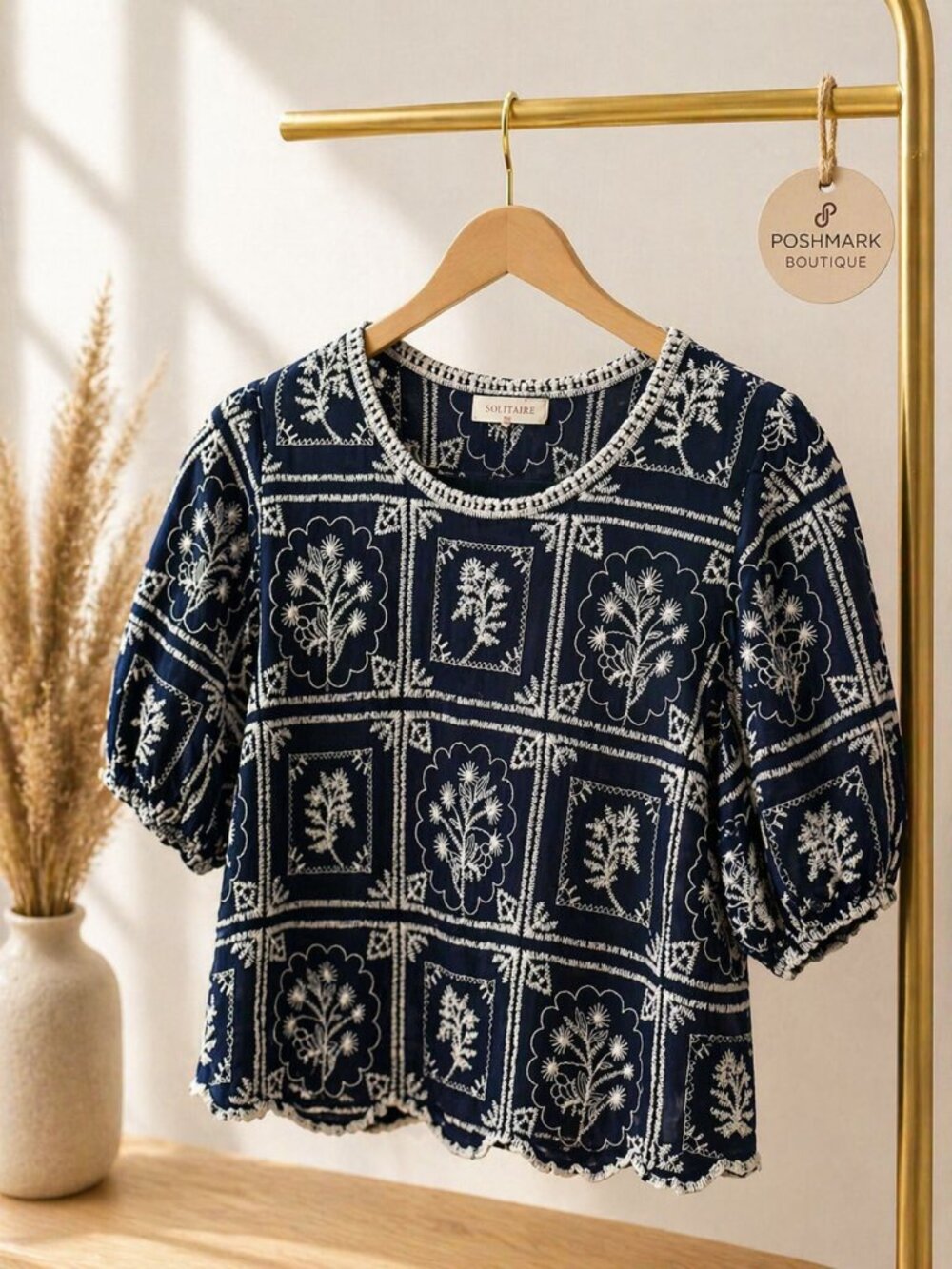 Chic Navy Embroidered Crop Blouse | Boho Floral Top | Boutique Style
